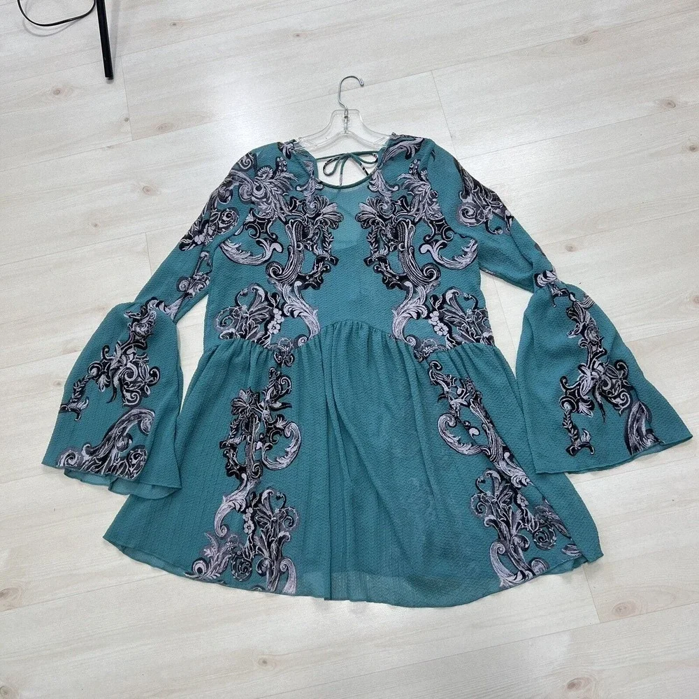 Intimately Free People Slip Dress SMALL Symphony Jade Combo Printed Bell Sleeve_9